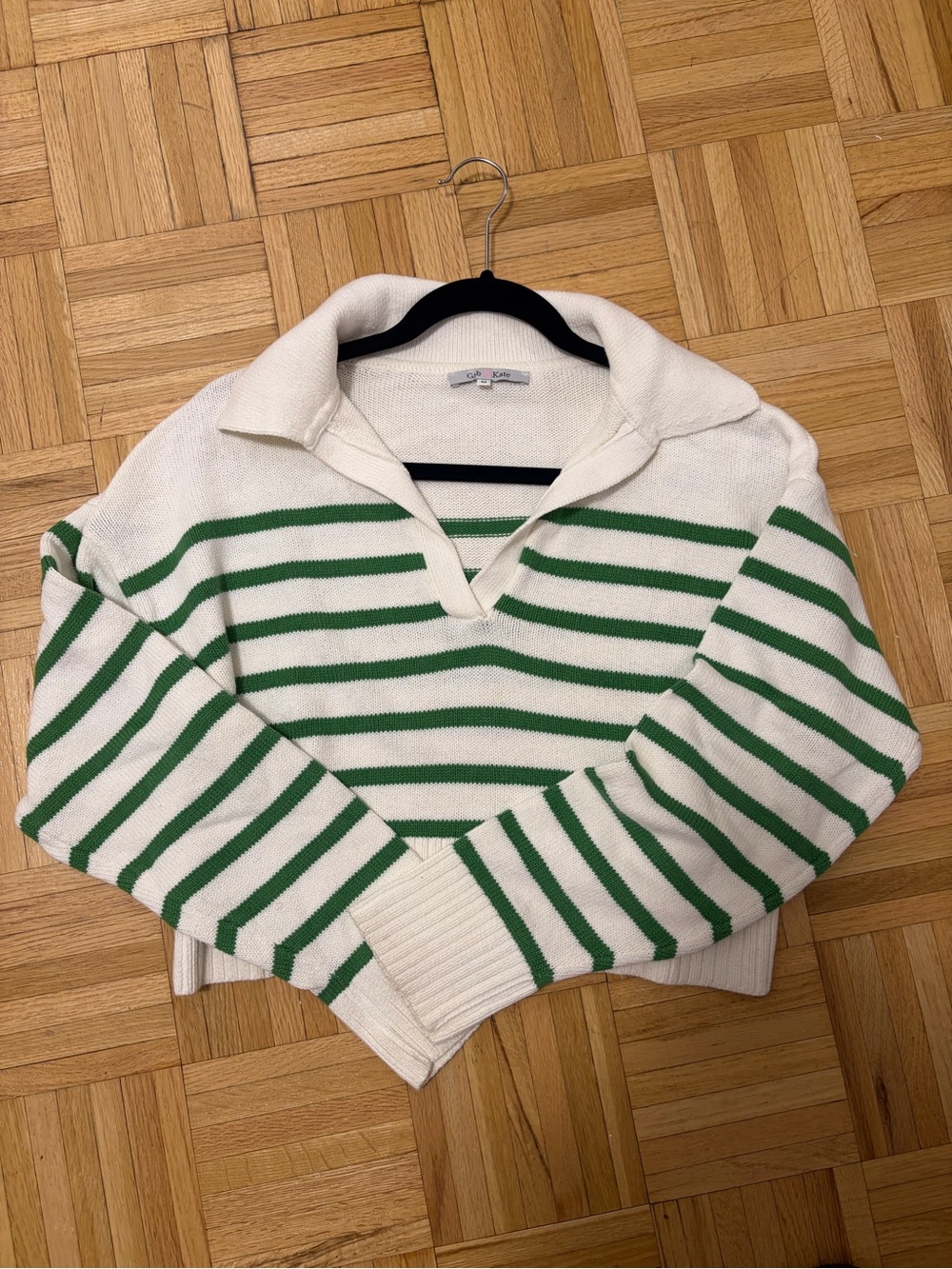 100% CottonWhite & Green Striped Collared Cropped Sweater